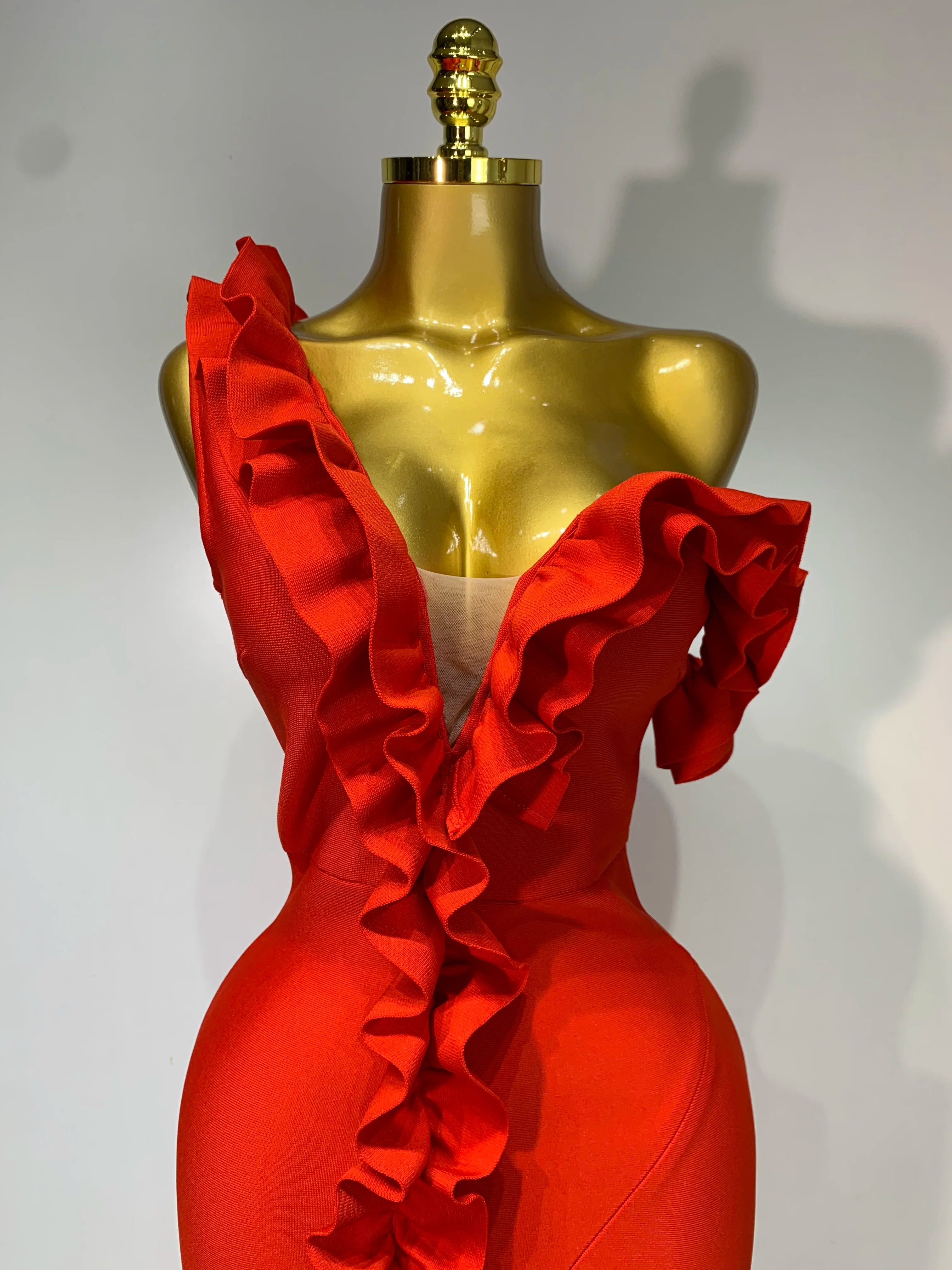 Off Shoulder Ruffles Midi Bodycon Bandage Dres