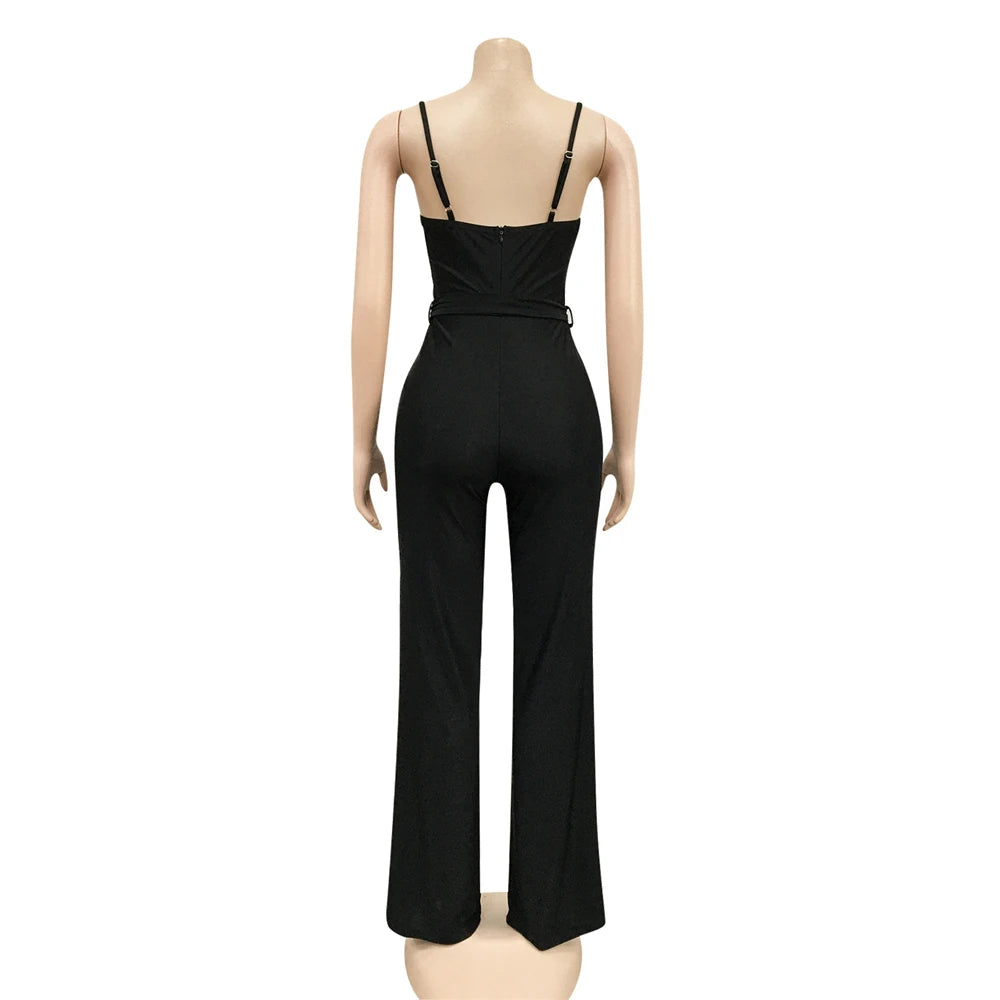 High Waist Wide Leg Pants One Piece Sleeveless Jumpsuit with Belt