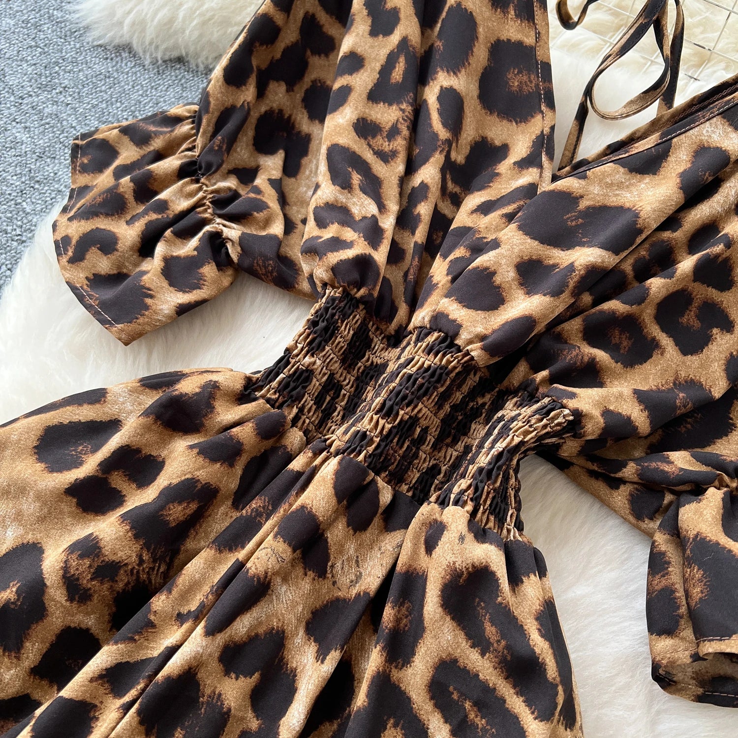 Flared Sleeves Elastic Waist Slim Fit Leopard Print Long Rompers Jumpsuit
