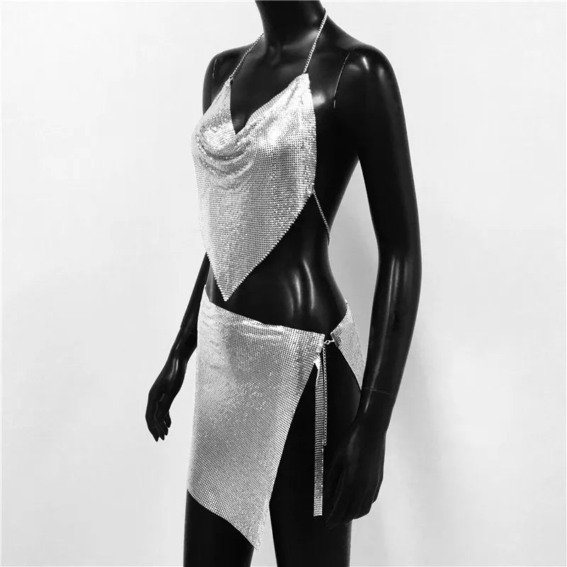 Metal Sequins 2 Piece Set Backless Halter Tank Tops Split Mini Skirts