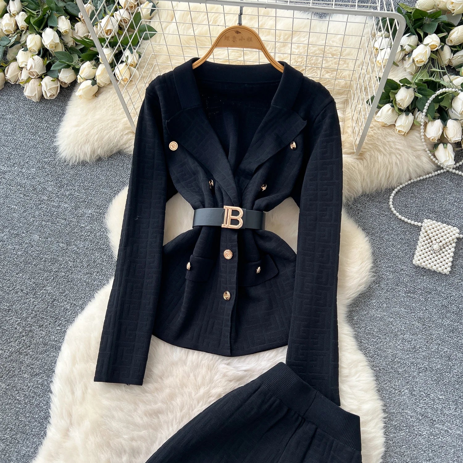 Elegant High Waist Pants Knitted Top with Belt Two Piece Set