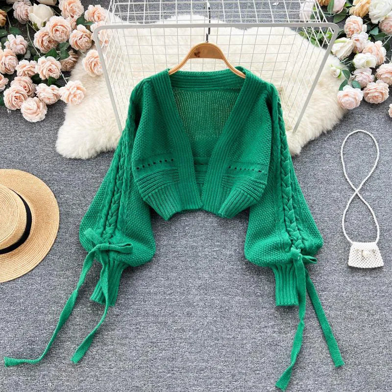 Knitted Crop Cardigans Sweet Winter Korean Elegant All Match Cardigan Lantern Sleeve