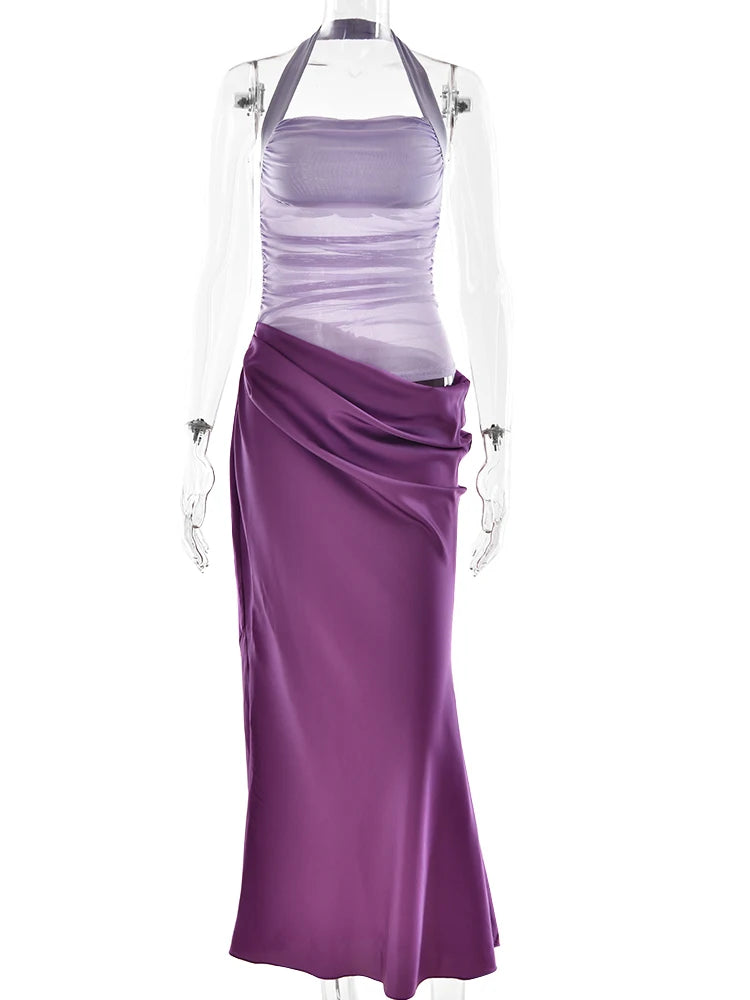 Patchwork Hollow Out Halter Maxi Dress