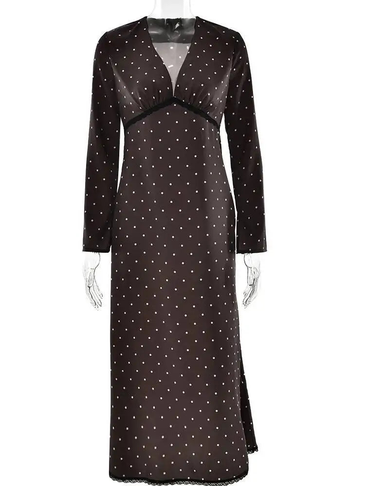 Polka Dot Long Sleeve Patchwork Lace Maxi Dress