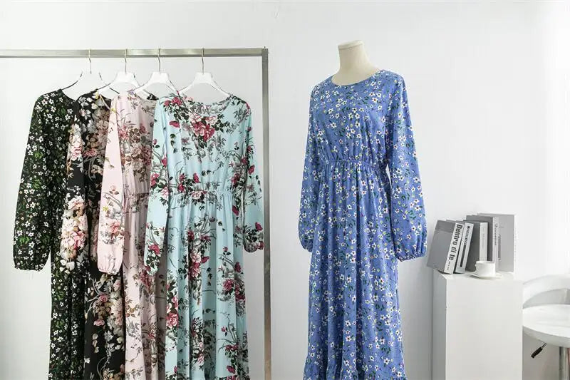 Spring Summer Chiffon Dresses Casual Floral Printed Bark Crinkling Long Dresses