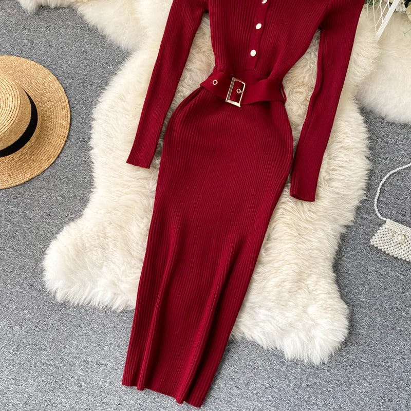 Elegant Casual Knit Belt O Neck Button Long Sleeve Solid Elastic Waist Slim Winter Sweater Dresses