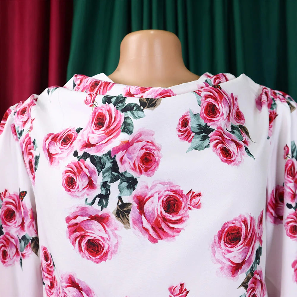 Two Piece Sets Slim Fit Print Floral Round Neck Lantern Sleeve Elegant Splice Wide Leg Long Pants