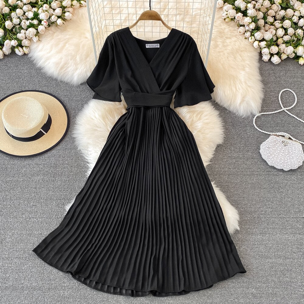 V-neck Pleated Dress