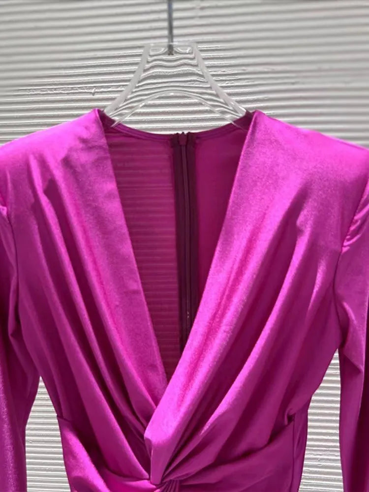 Solid Folds Twist V Neck Long Sleeve High Waist Slim Blouse