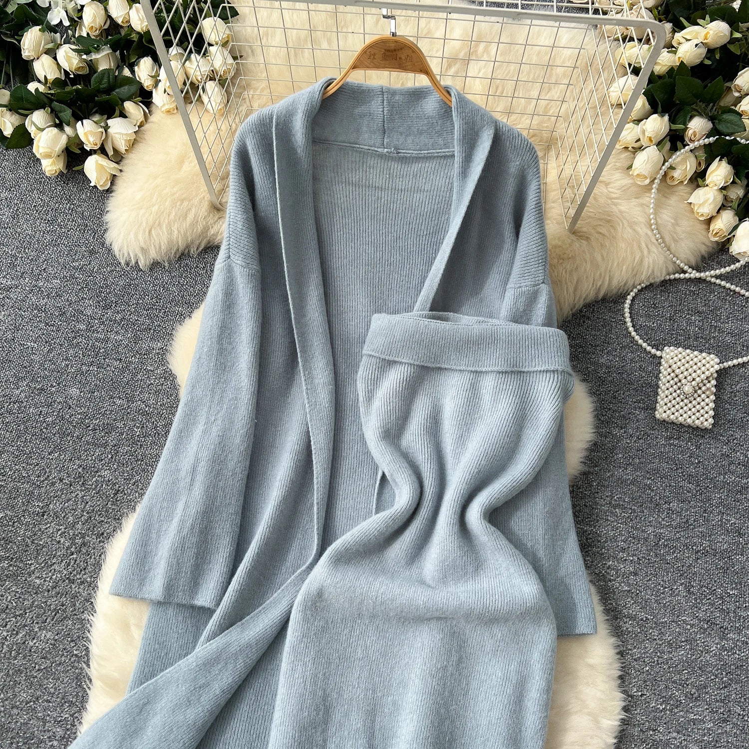 Long Sleeves Oversize Cardigan+Strapless Bodycon Dress Solid Knit 2pcs Sets