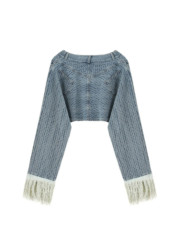 Denim Tassel Long Sleeve Crop Top Jeans Jackets and Pants 2 Piece Matching Sets