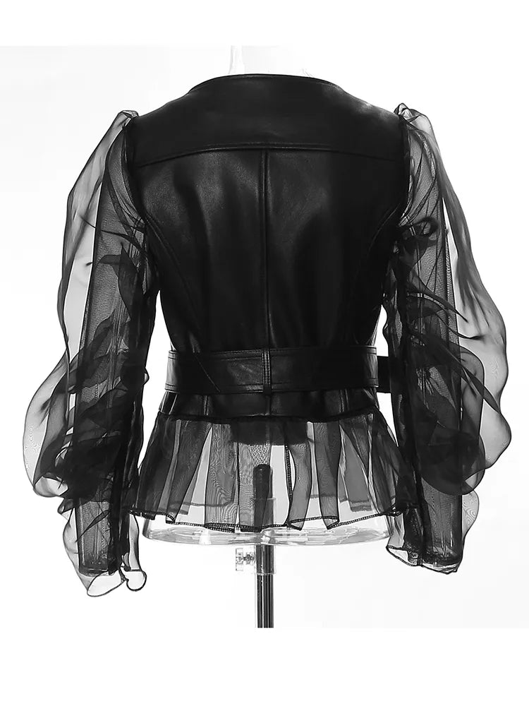 Loose Fit Black Pu Leather Mesh Elegant Jacket