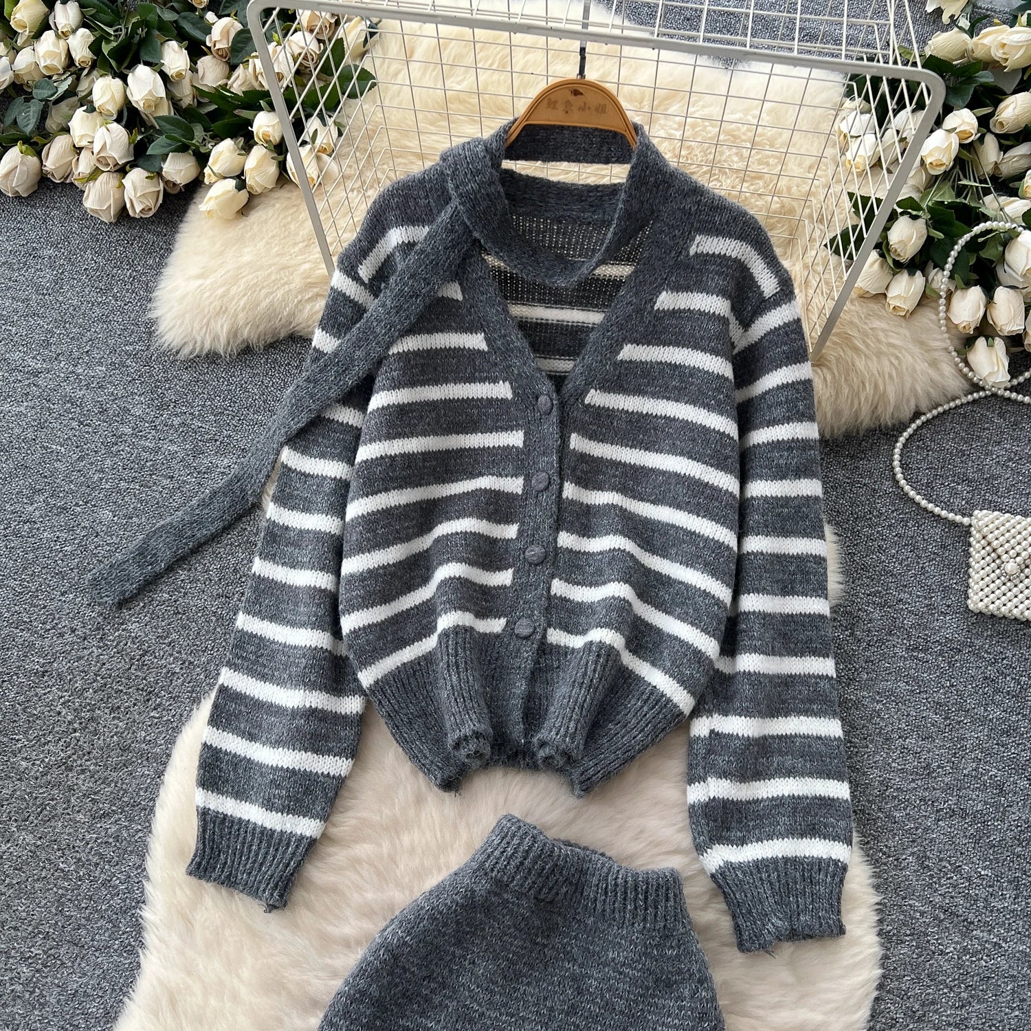 Striped Sweater Loose Cardigan+Elastic Long Skirts Knitted Two Piece Set
