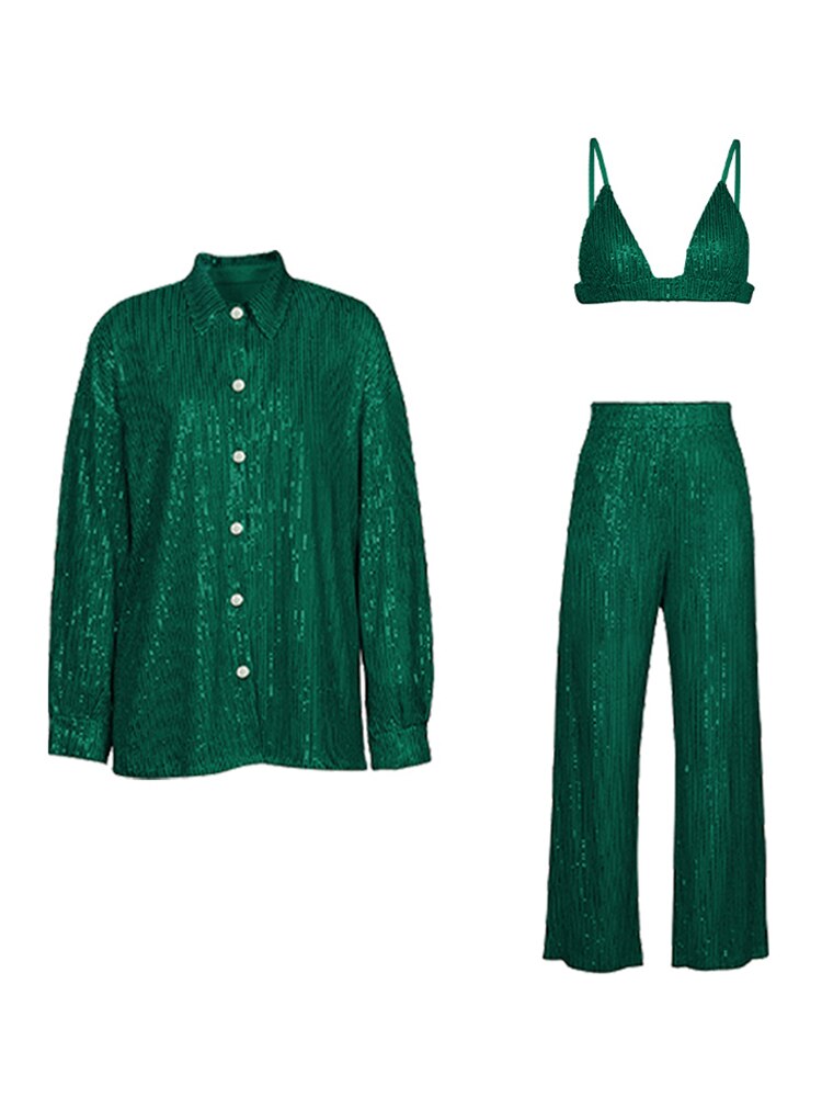 Sparkly Two-piece Set Sequin Top Blouse Shirt And Pants Suit