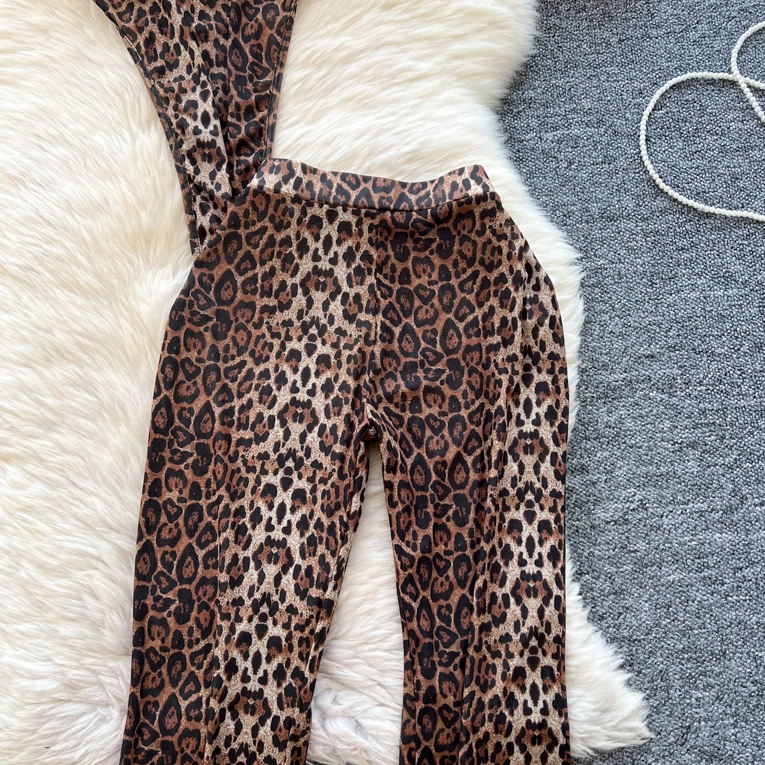Leopard Strap Tops+Elastic Waist Flared Pants Set