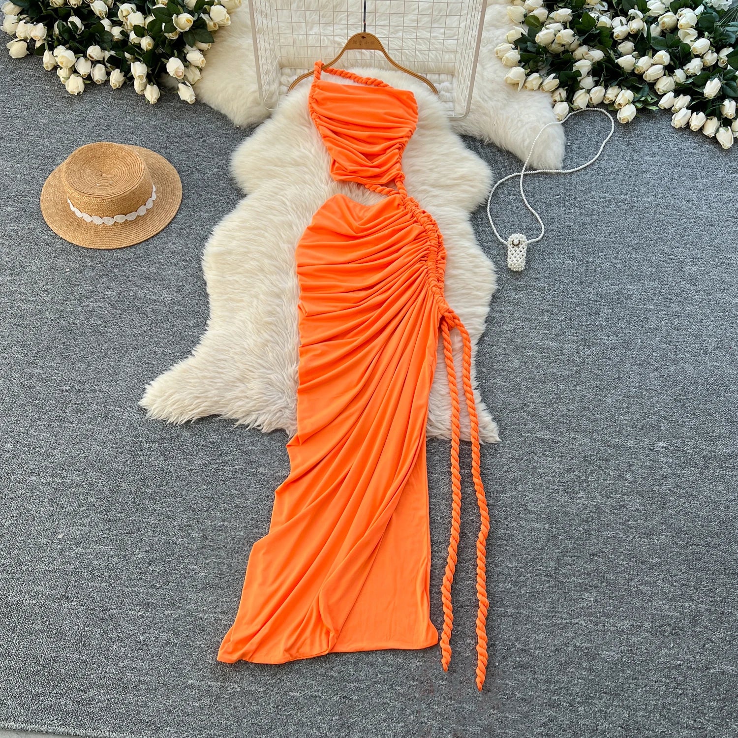 Hollow Out Split Ruched Solid Maxi Sundress