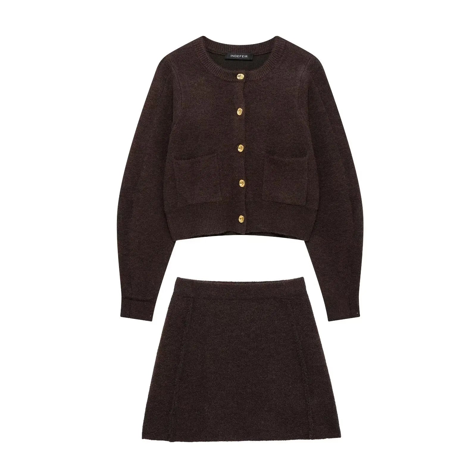 Knitted Two Pieces Autumn Winter Round Neck Long Sleeve Cardigan Sweater Waist Mini Skirt