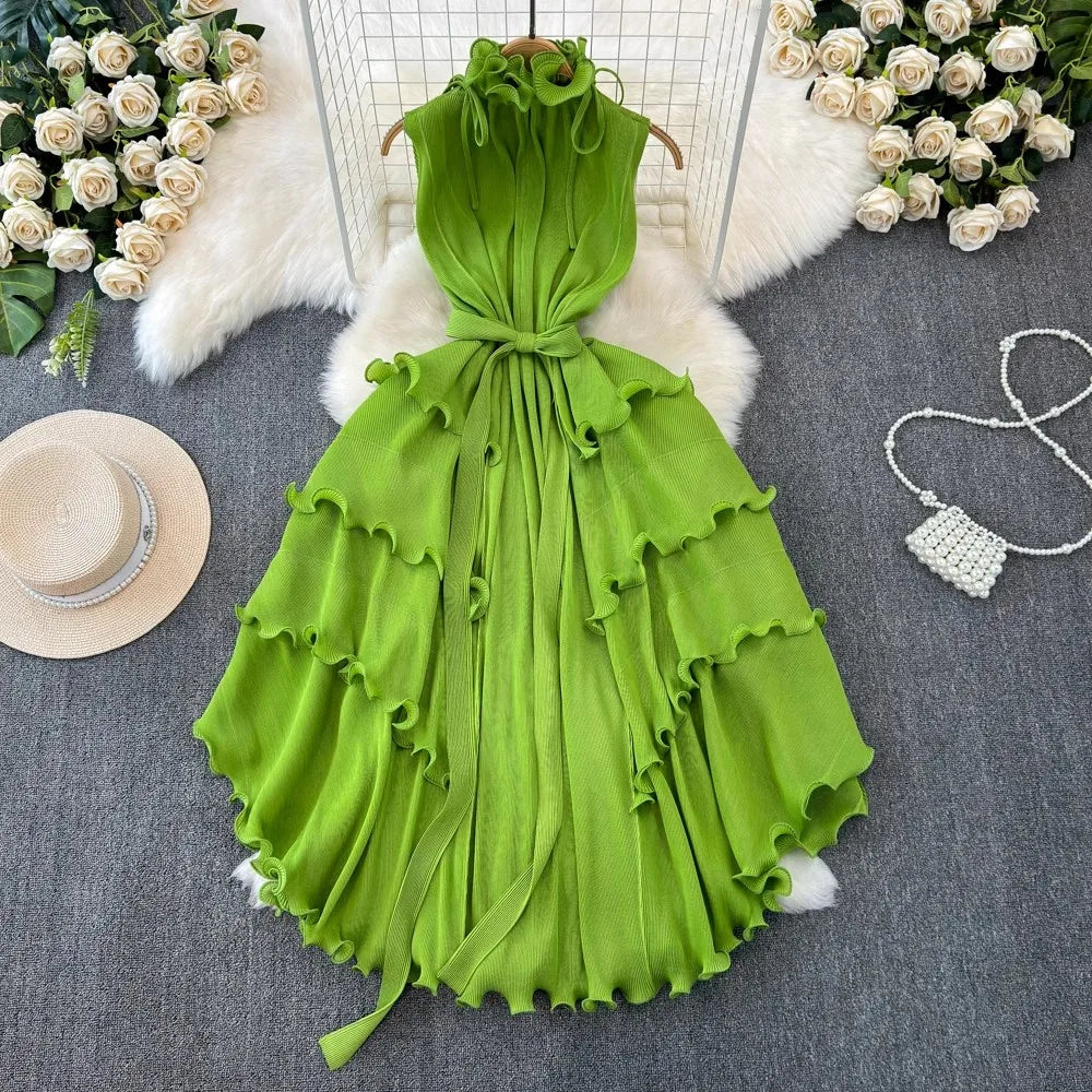 Pleated Stand Collar Lace Up Sleeveless Elastic Oversized Ruffles Dress