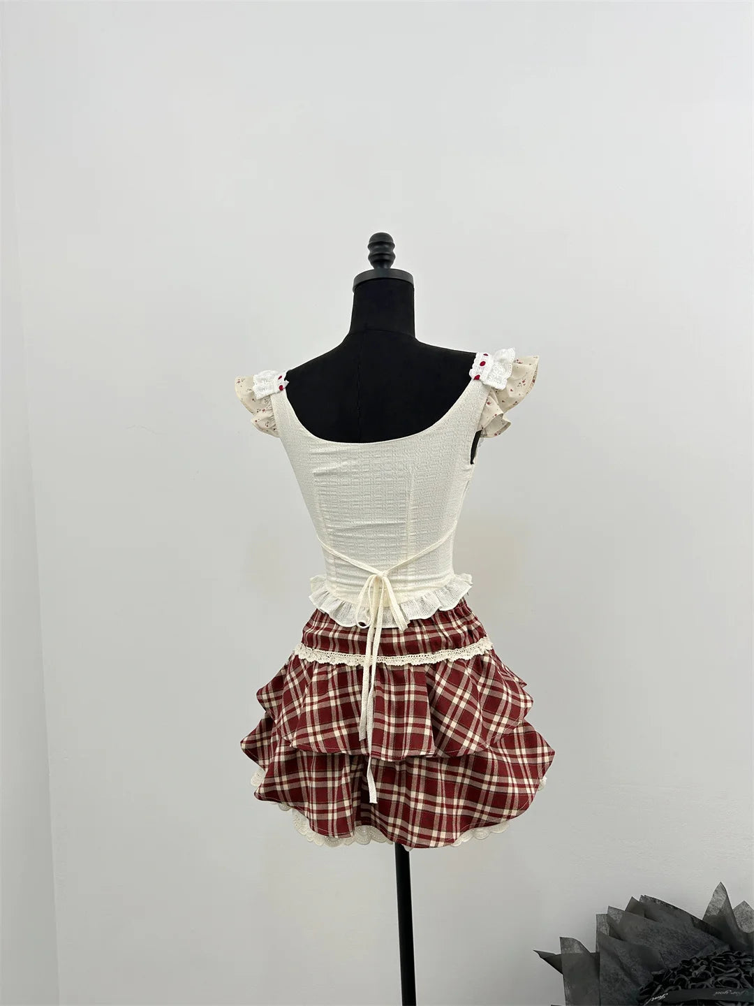 2000s Ballet 2 Piece Set Cute Lace Tank Top + Mini Plaid Skirt