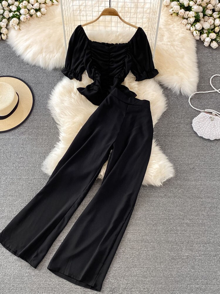 High Waist Drape Pants, Square Collar  Blouse Two-piece Suit