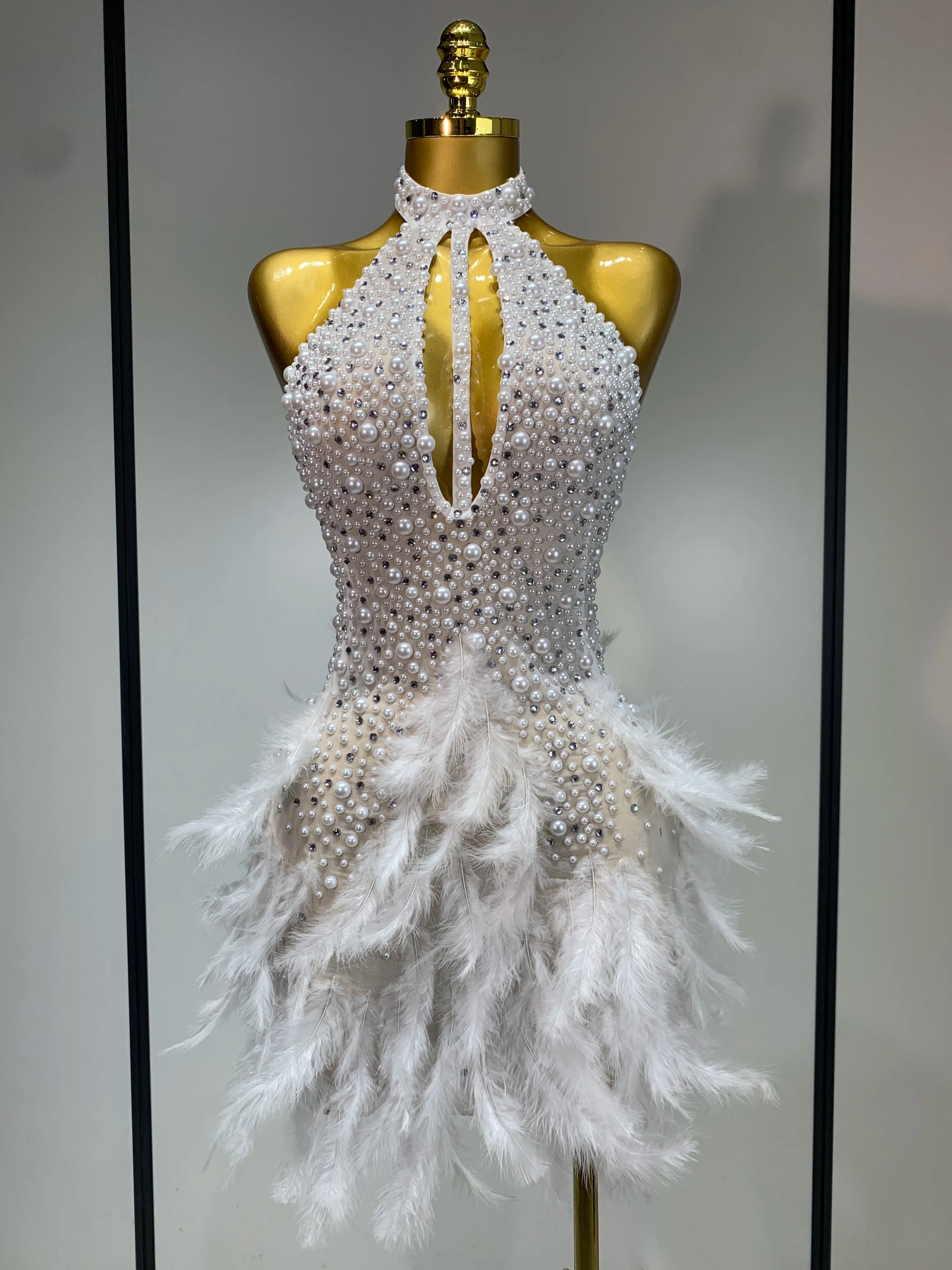 Luxury Rhinestones Pearls Halter Backless Short Feathers Dress