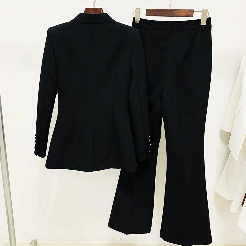 High Street Fashion Runway Designer Suit Set Women's Single Button Blazer Flare Pants Suit