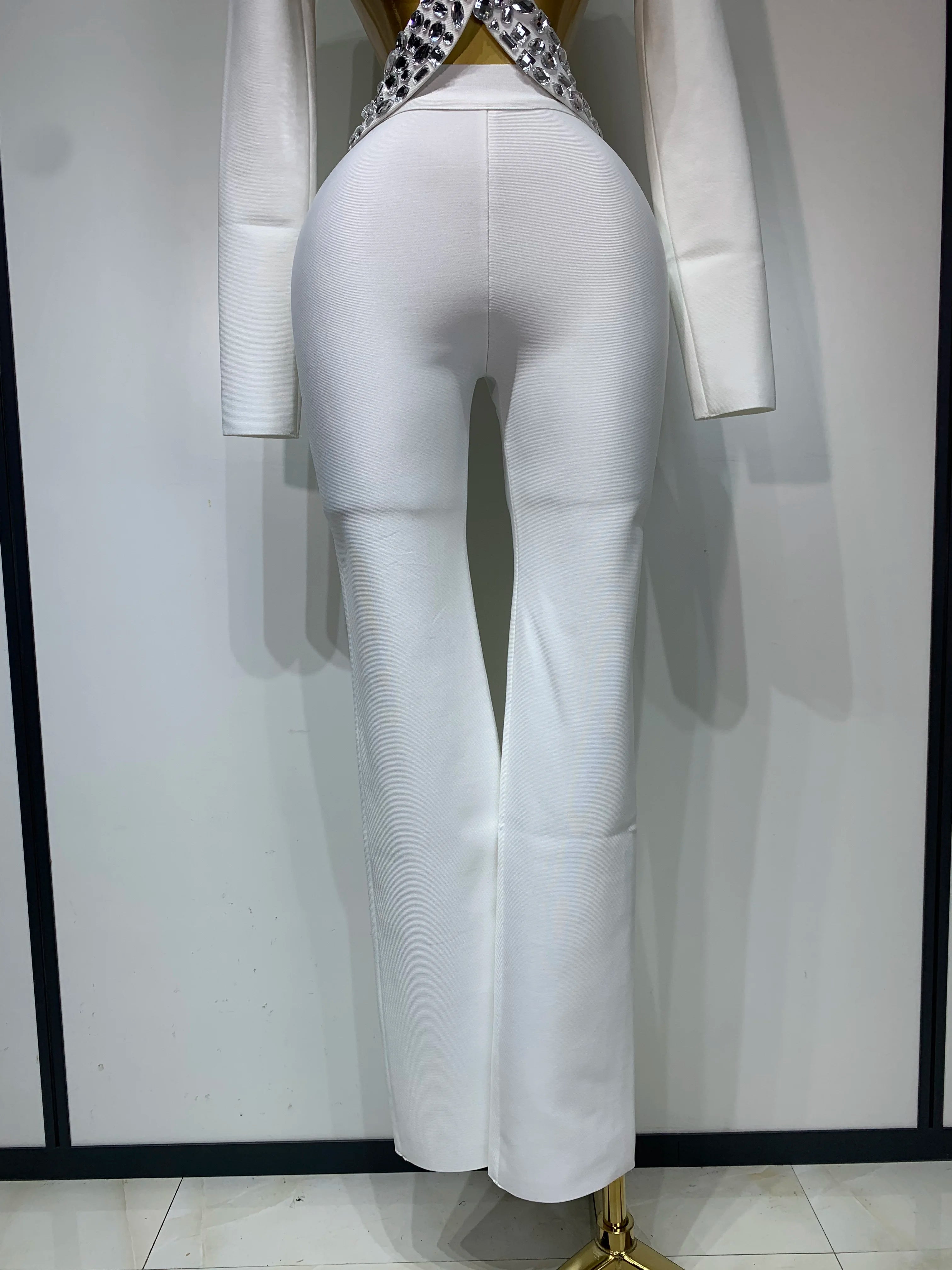 Luxury Two Piece Set Long Sleeve Beading Bodycon Top And Bandage Pants Set
