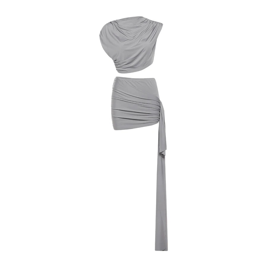 Irregular Ruched Two Piece Set Tank Tops+Side Ribbon Skirts Matching Set