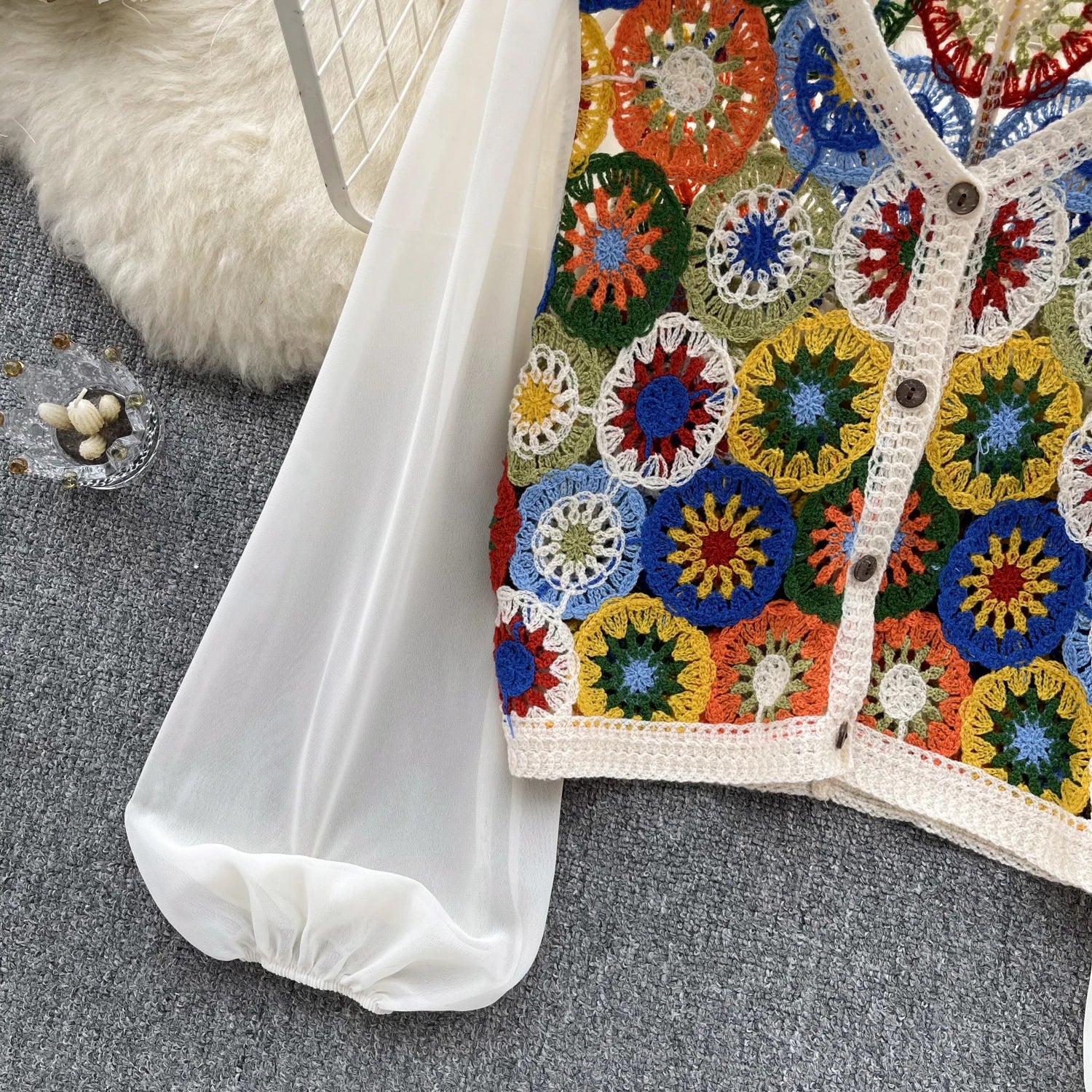 Knitting Crochet  Hollow Out Long Lantern Sleeve Blouse
