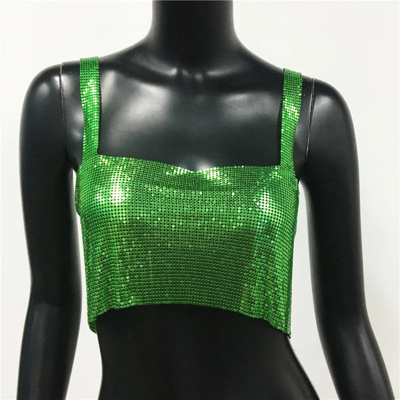 Bling Metallic Sequin Crop Top y2k Backless Straps Cropped Top
