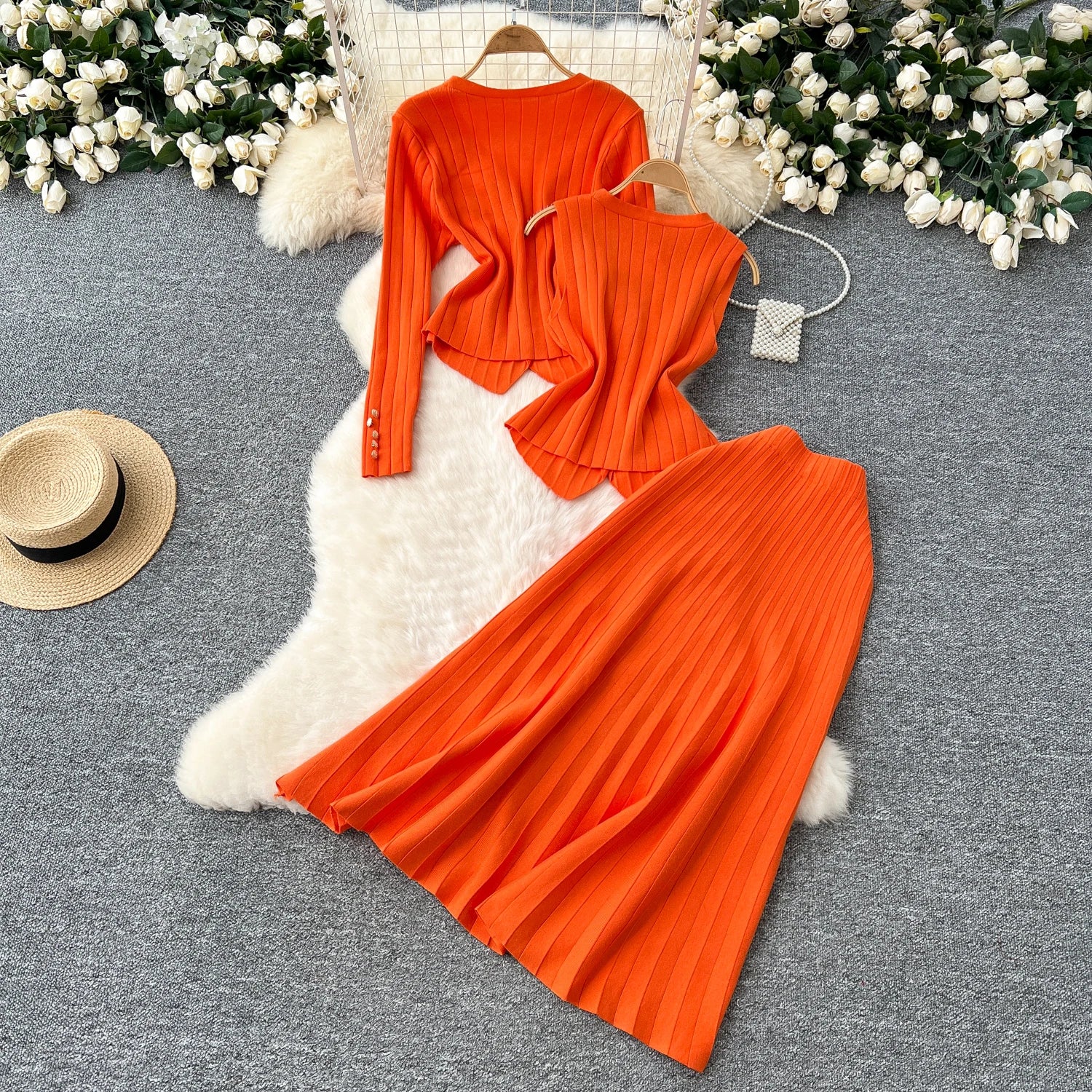 Knitted Full Sleeves Tops+Single Breasted Tank Tops+Elastic Waist Skirt  Suits