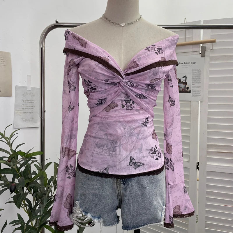 Off Shoulder Patched Ruffled Mesh Slash Collar T Shirts