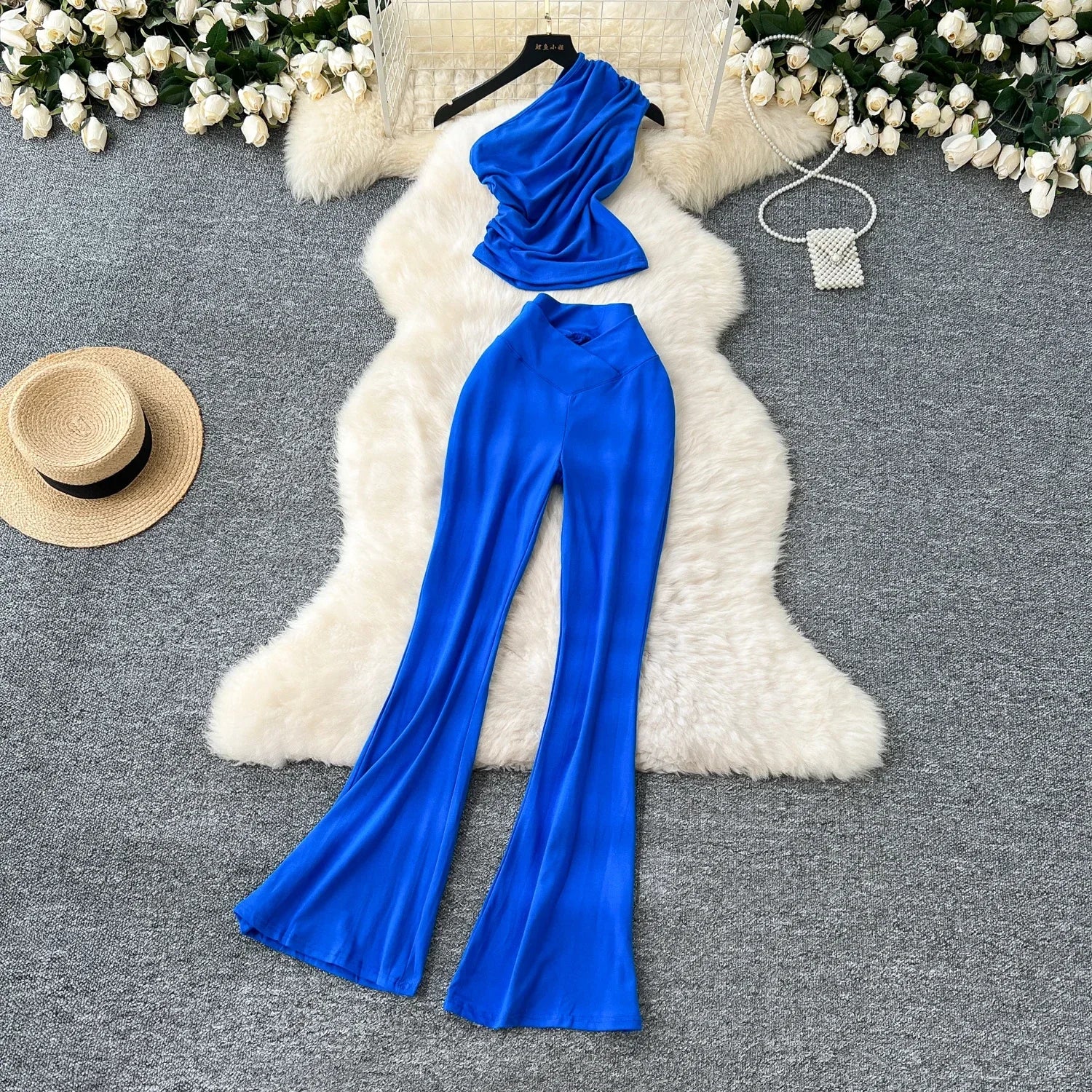 Chic Vintage Diagonal Collar Sleeveless Pleated Top and High Waist Flare Pants Two Piece Set