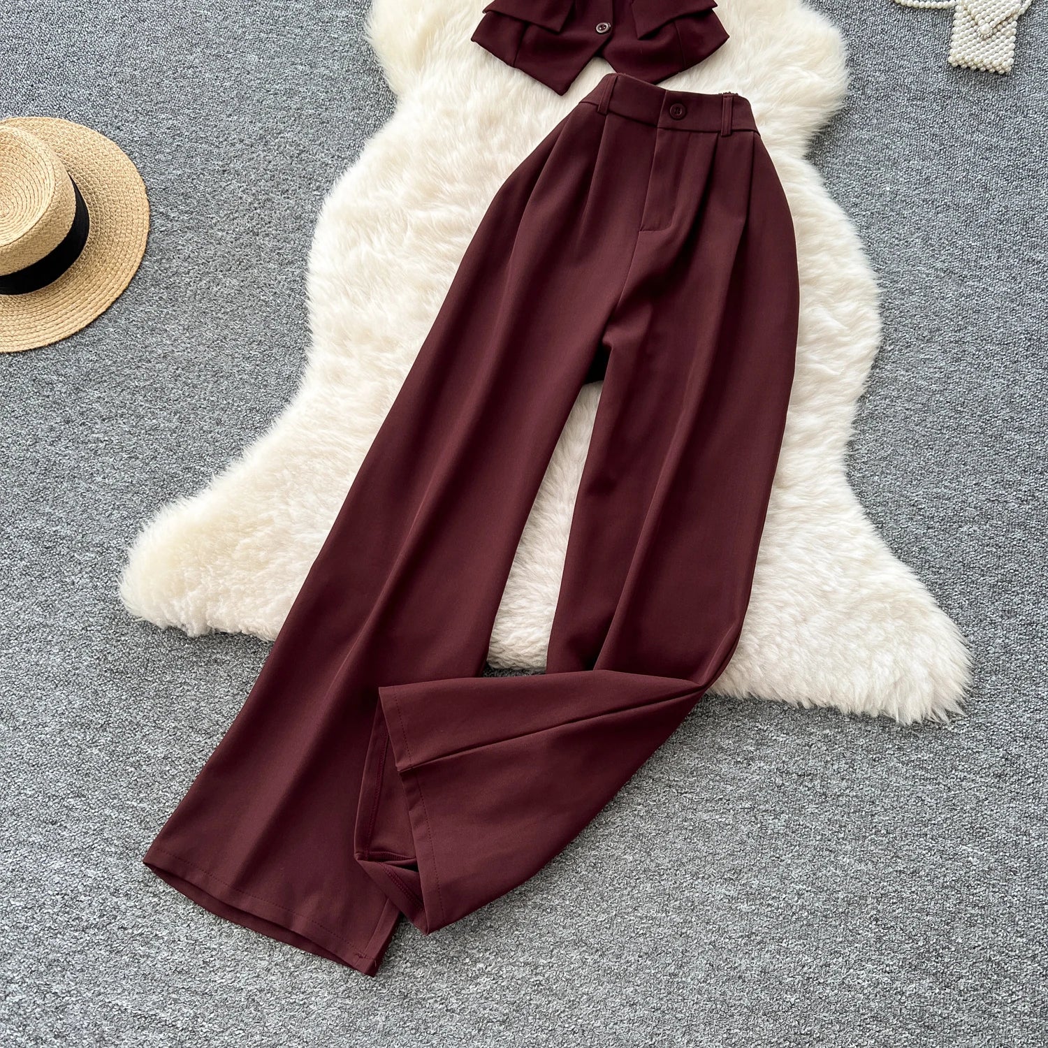 Office Lady Suits Camisole+Wide Leg Zipper Pants Chic Two Piece Set