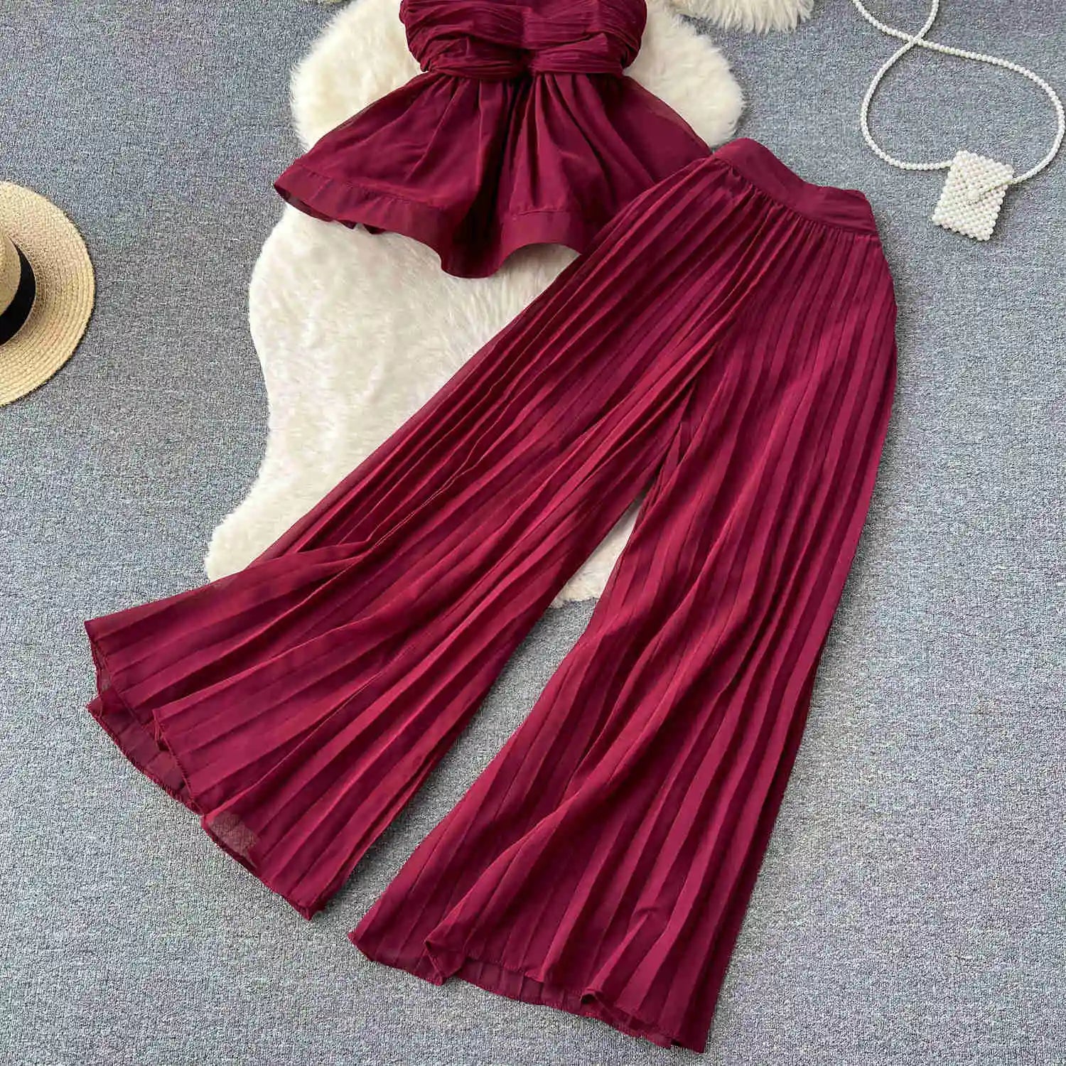 High End Elegant Pleated Sleeveless Chiffon Top+High Waist Wide Leg Pants Two Piece Set