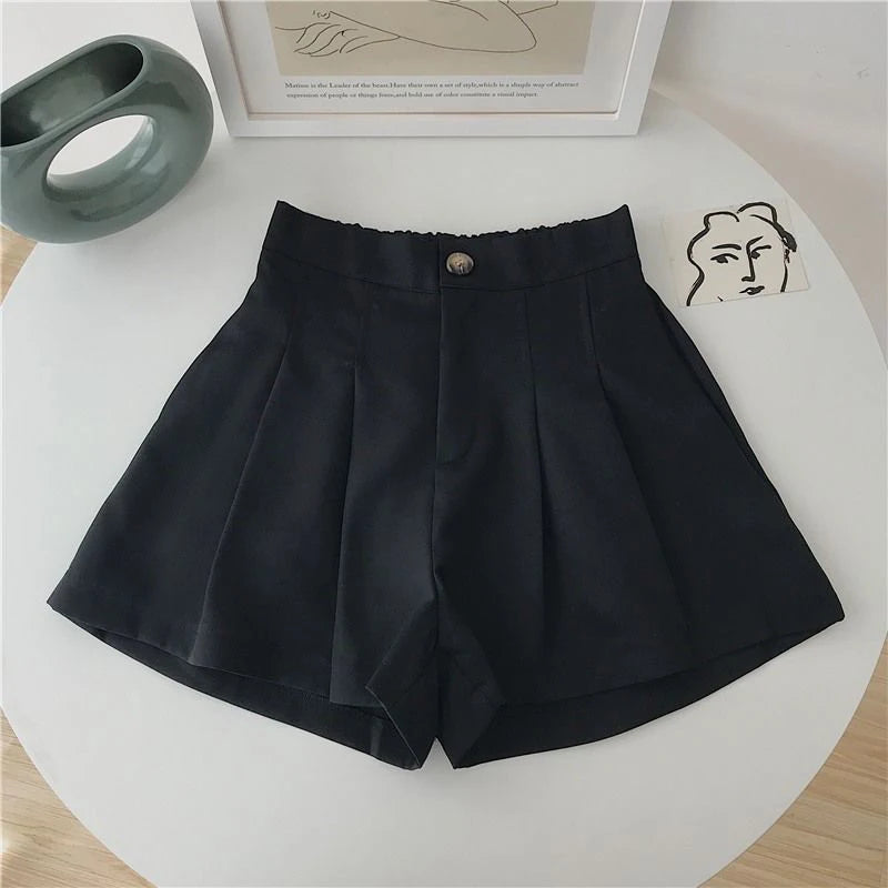 Casual Simple Korean Fashion Elastic High Waist Pleated Shorts