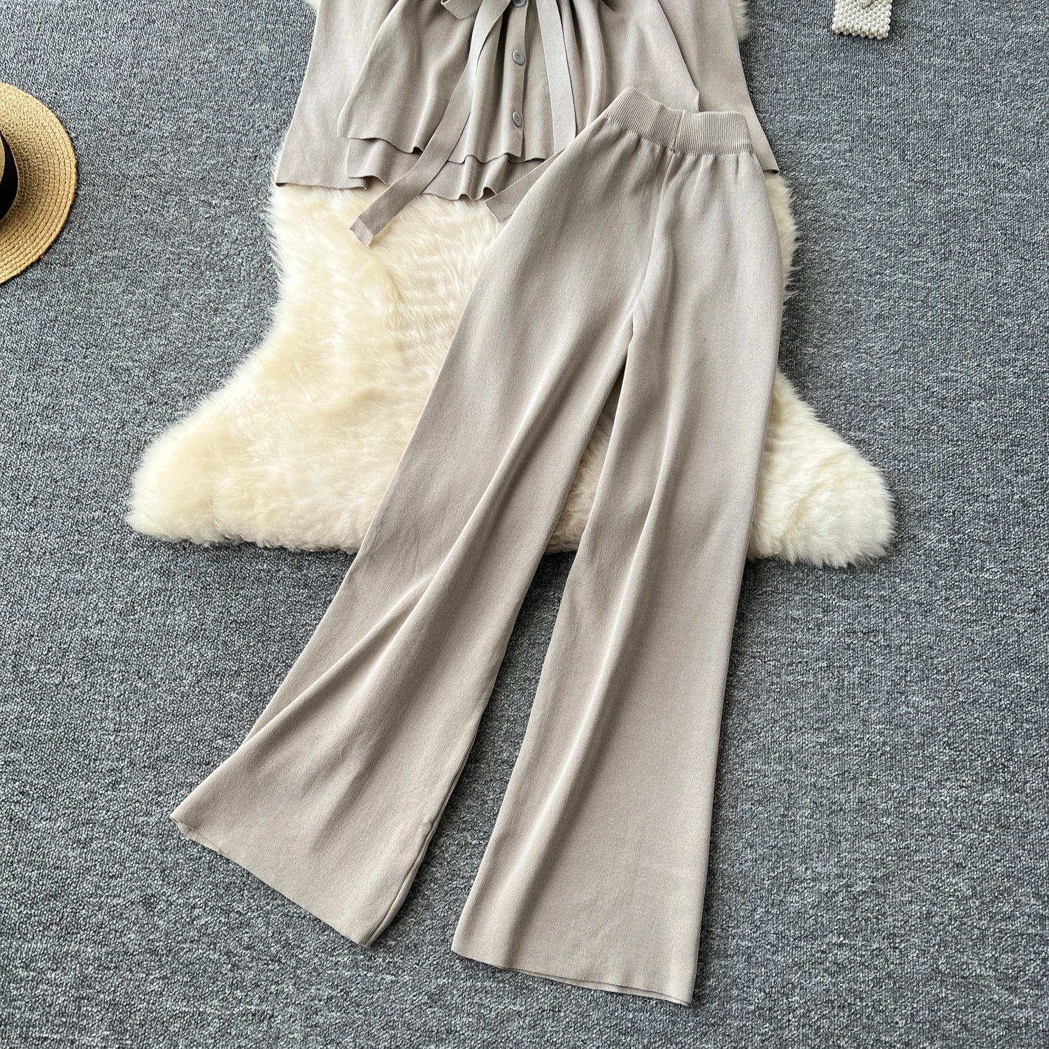 Lace Up Slim Cardigan+High Waist Basic Pants Knitting Suits