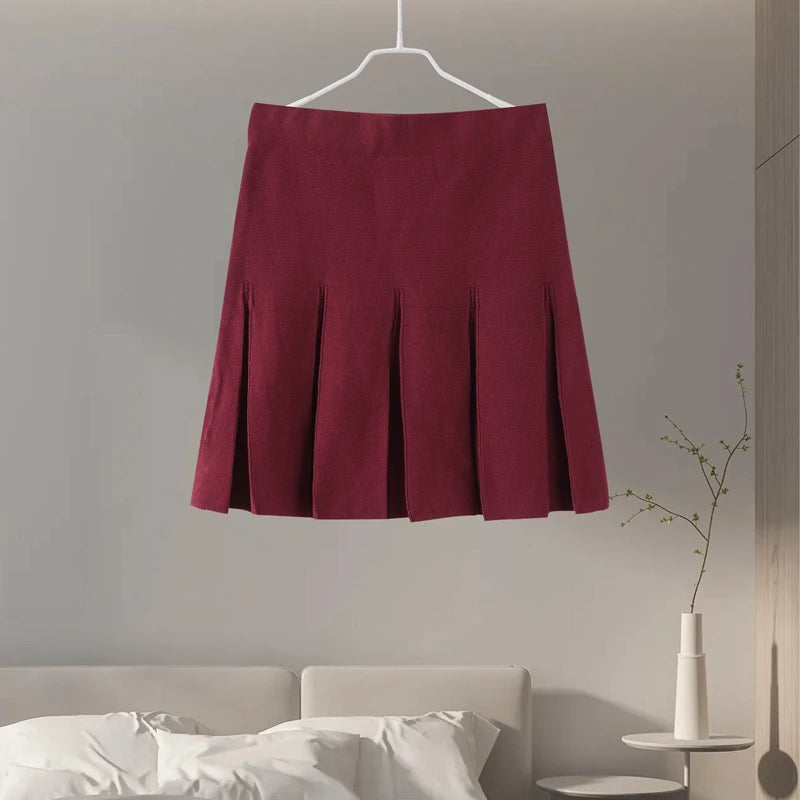 Knitted Two Pieces Single Breasted Lapel Cardigan Pleated A-line Mini Skirt Set