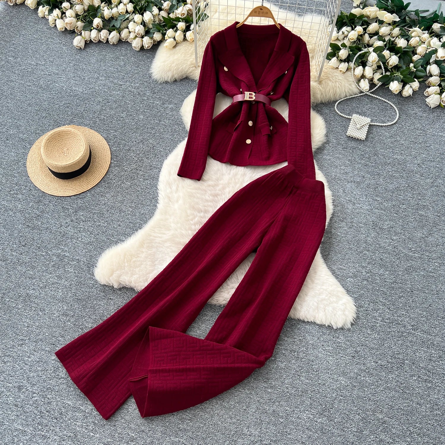 Knitted Long Sleeve Tops+Wide Trousers  Two Pieces Set