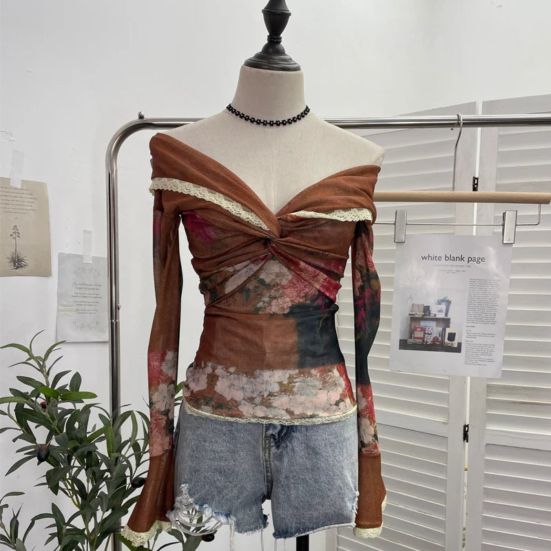 Off Shoulder Patched Ruffled Mesh Slash Collar T Shirts