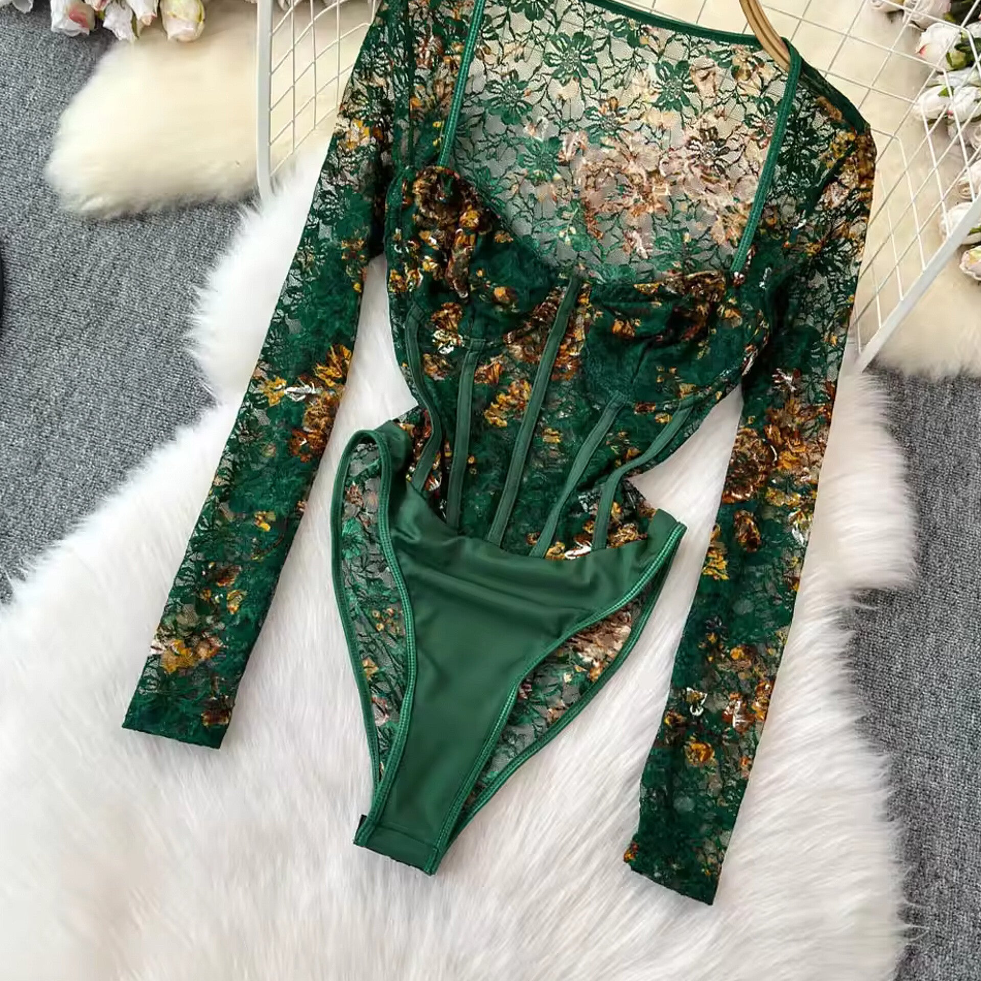 Long Sleeve Square Neck One Piece Steel Ring Lace Bodysuit