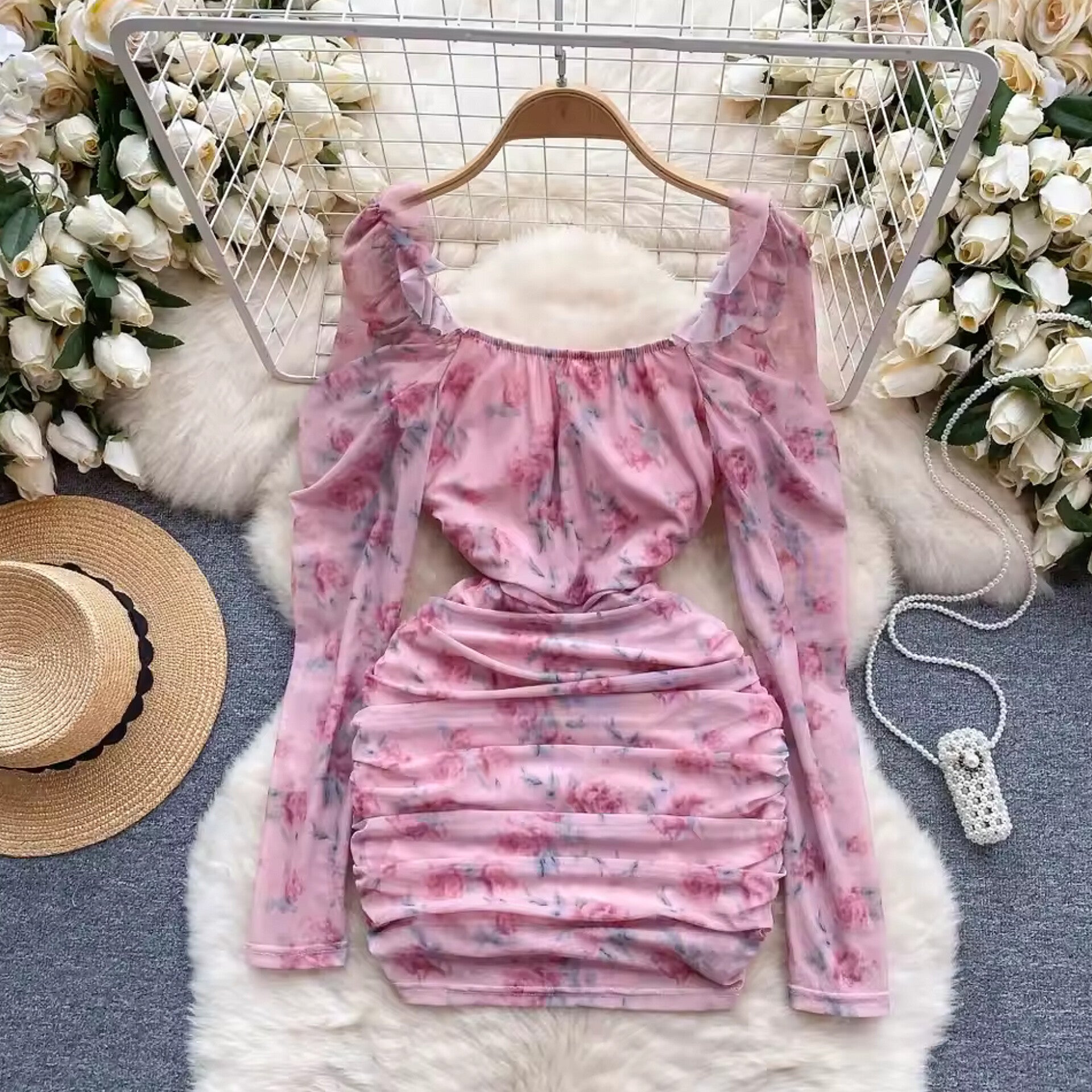 Long Sleeve Flower Print Square Collar Pleated Dress