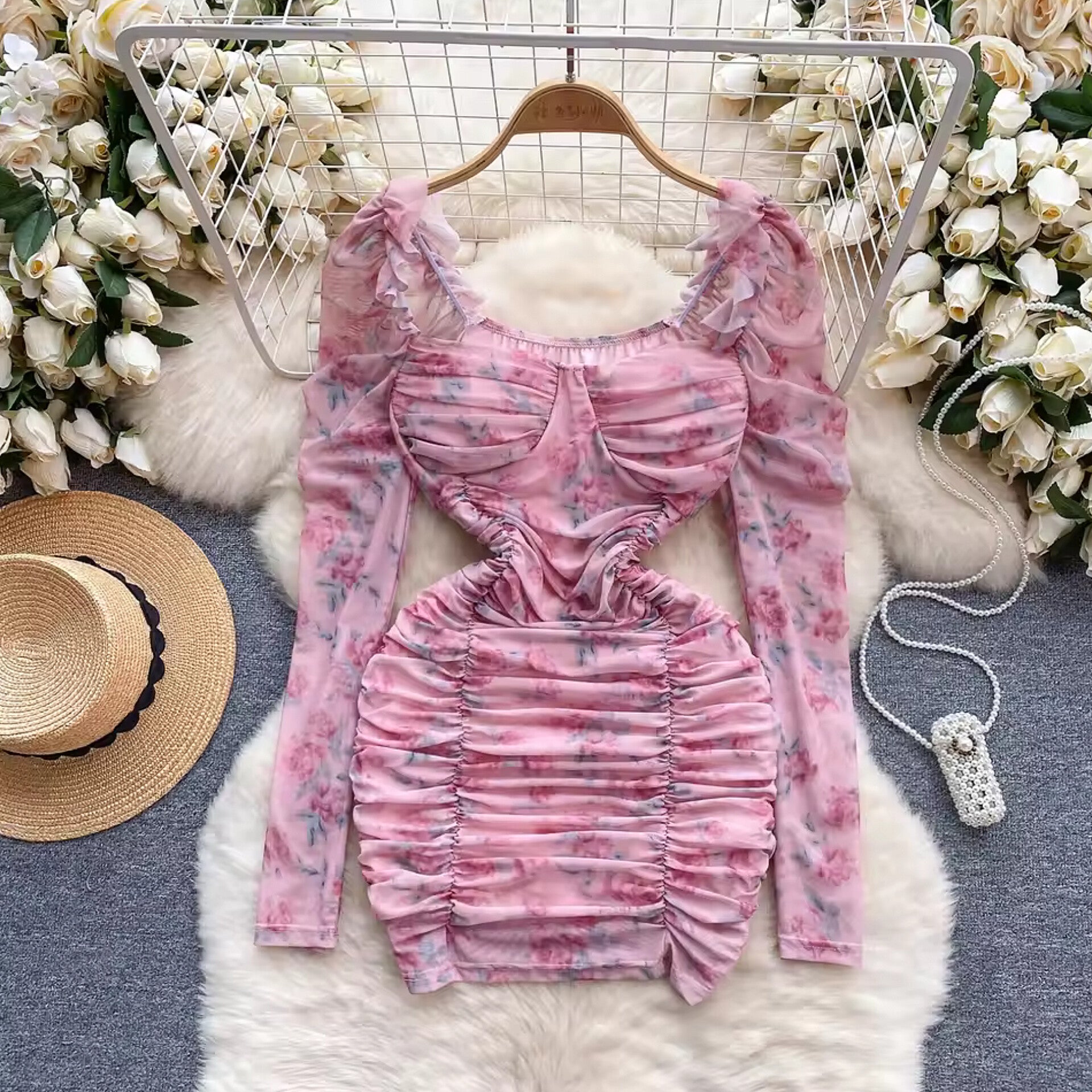 Long Sleeve Flower Print Square Collar Pleated Dress