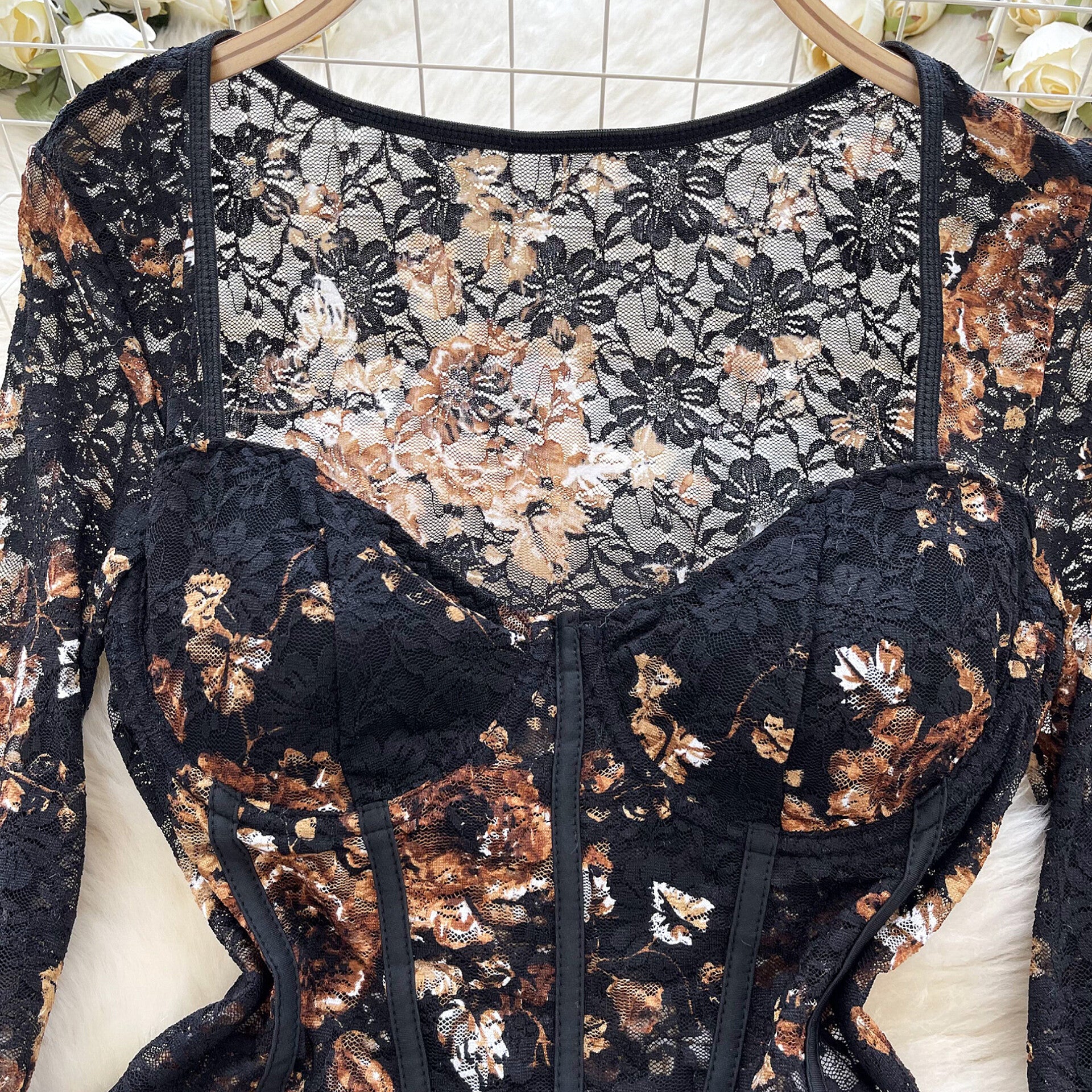 Long Sleeve Square Neck One Piece Steel Ring Lace Bodysuit
