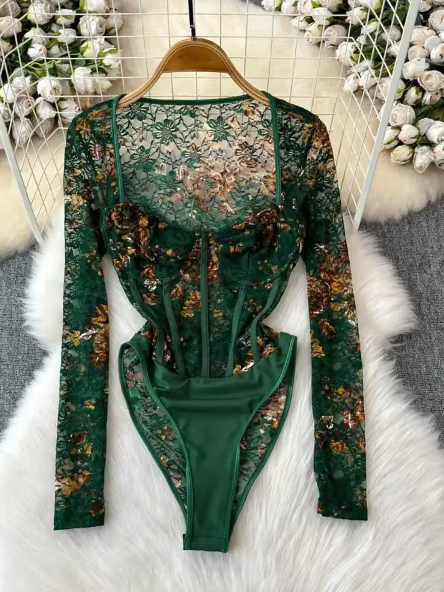 Long Sleeve Square Neck One Piece Steel Ring Lace Bodysuit