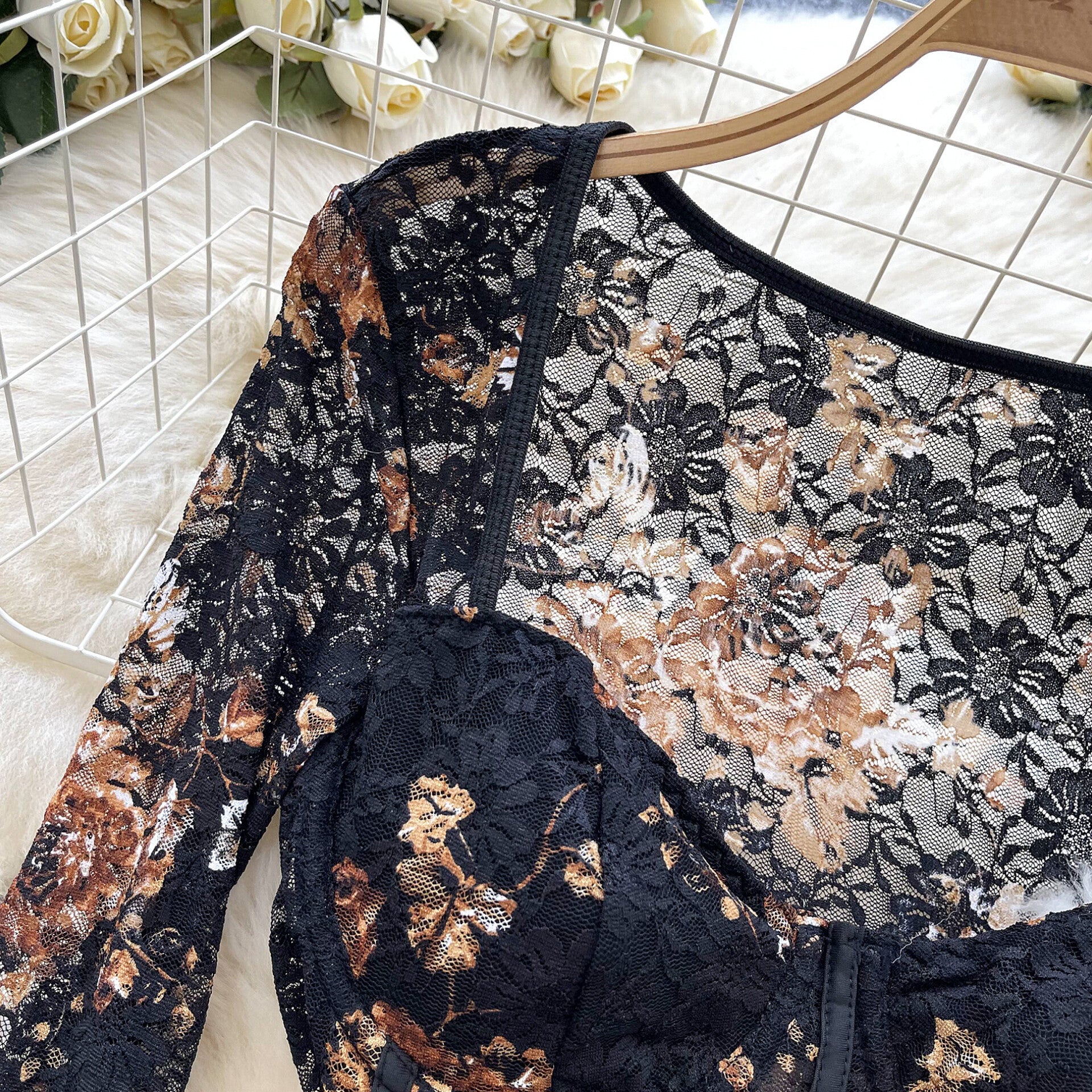Long Sleeve Square Neck One Piece Steel Ring Lace Bodysuit