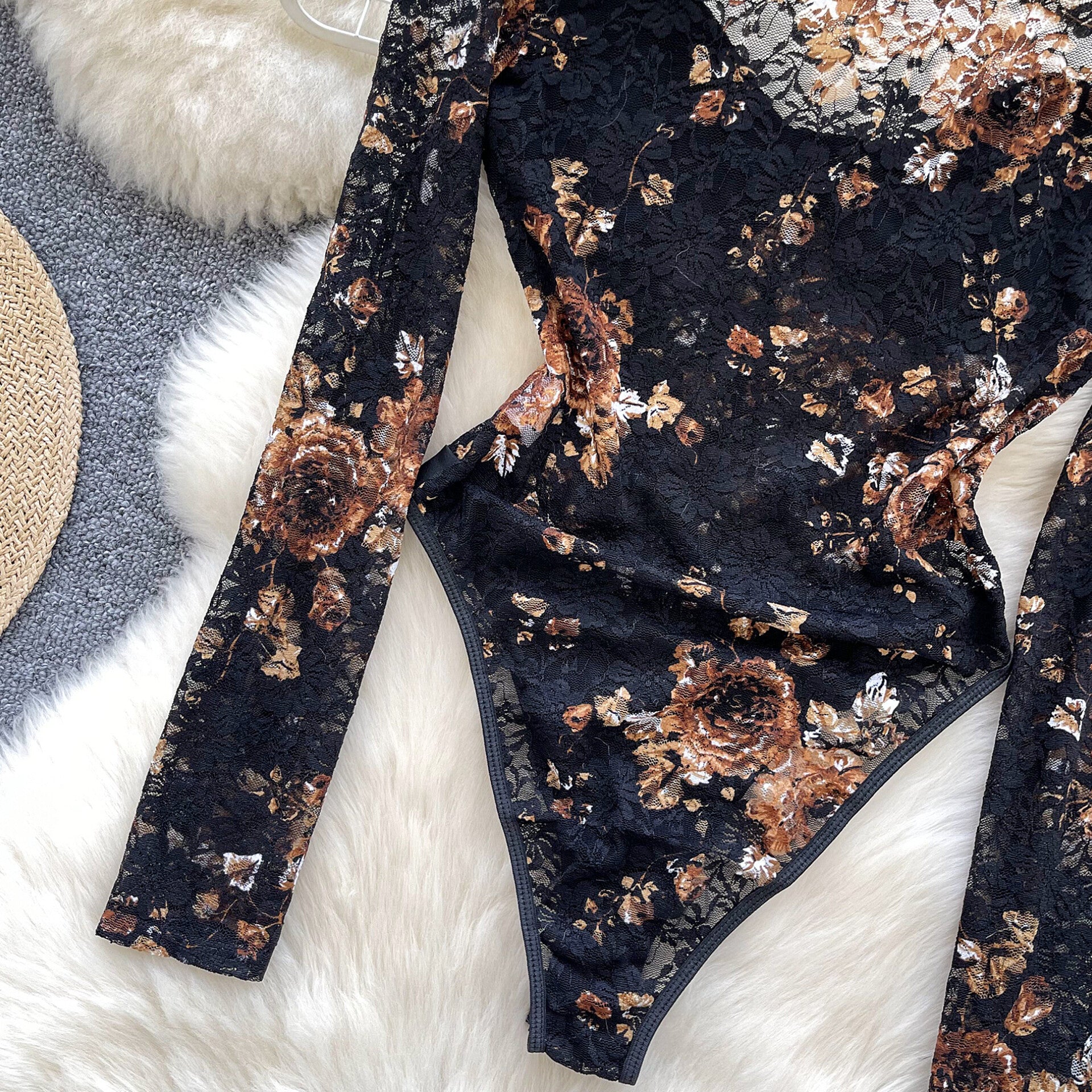 Long Sleeve Square Neck One Piece Steel Ring Lace Bodysuit