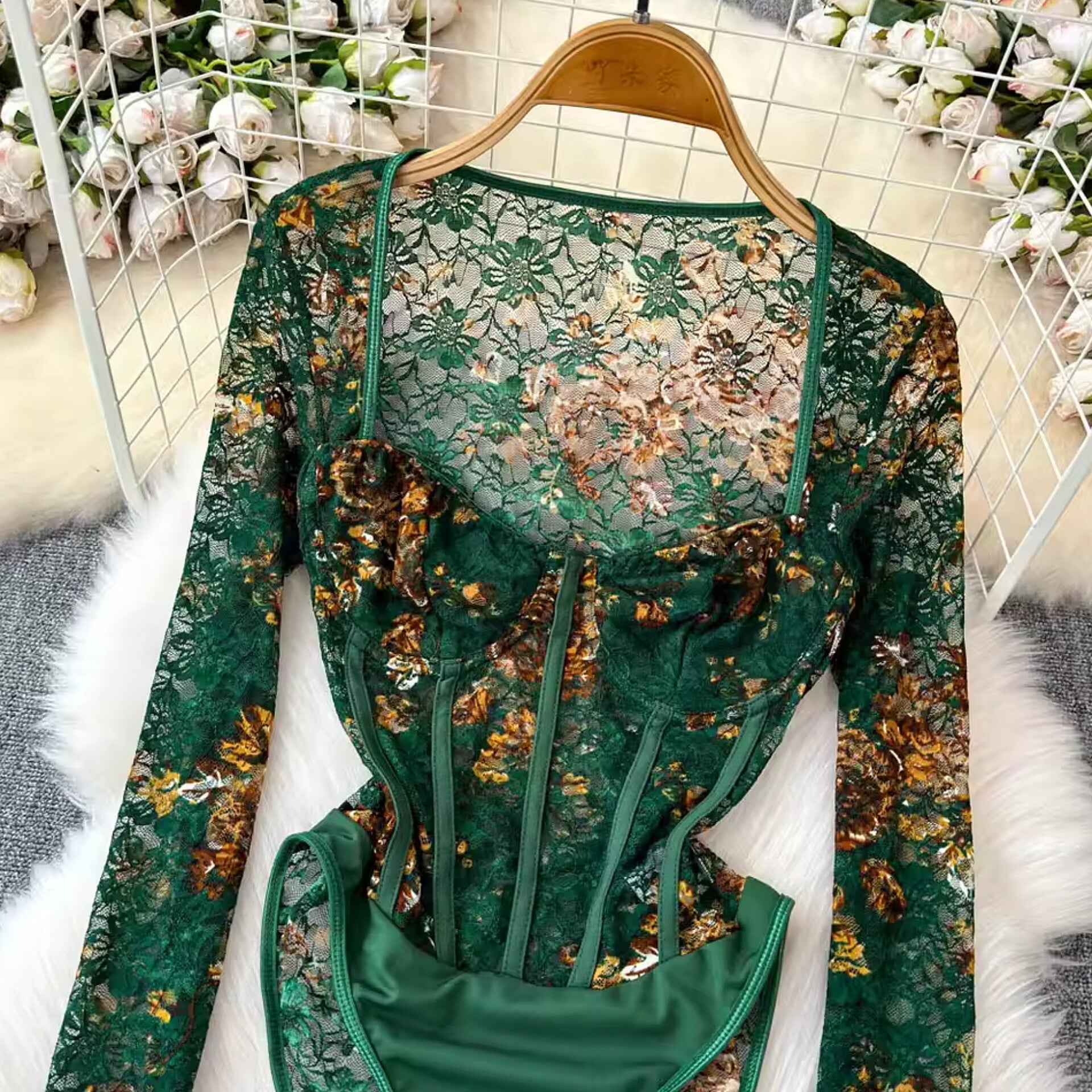 Long Sleeve Square Neck One Piece Steel Ring Lace Bodysuit