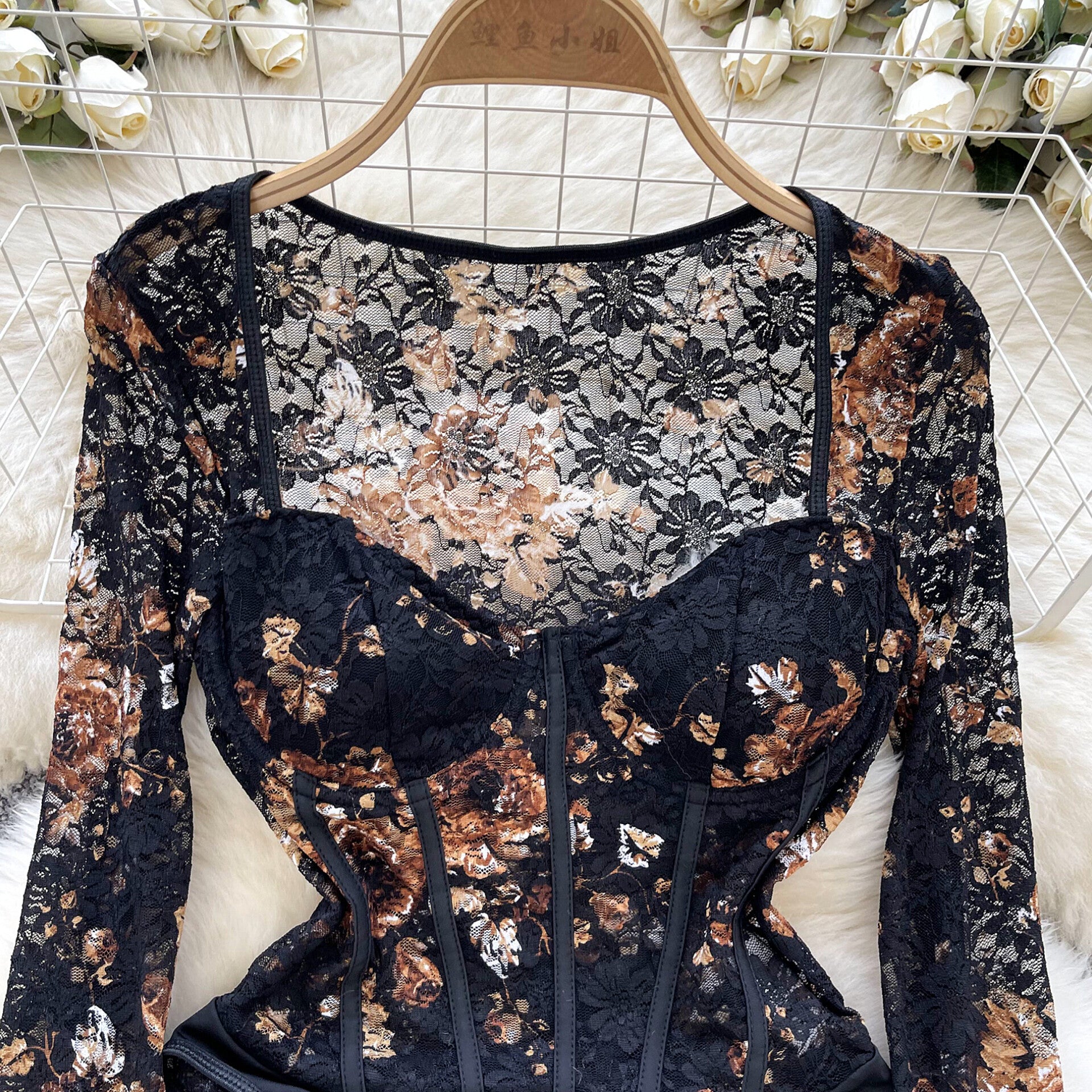 Long Sleeve Square Neck One Piece Steel Ring Lace Bodysuit