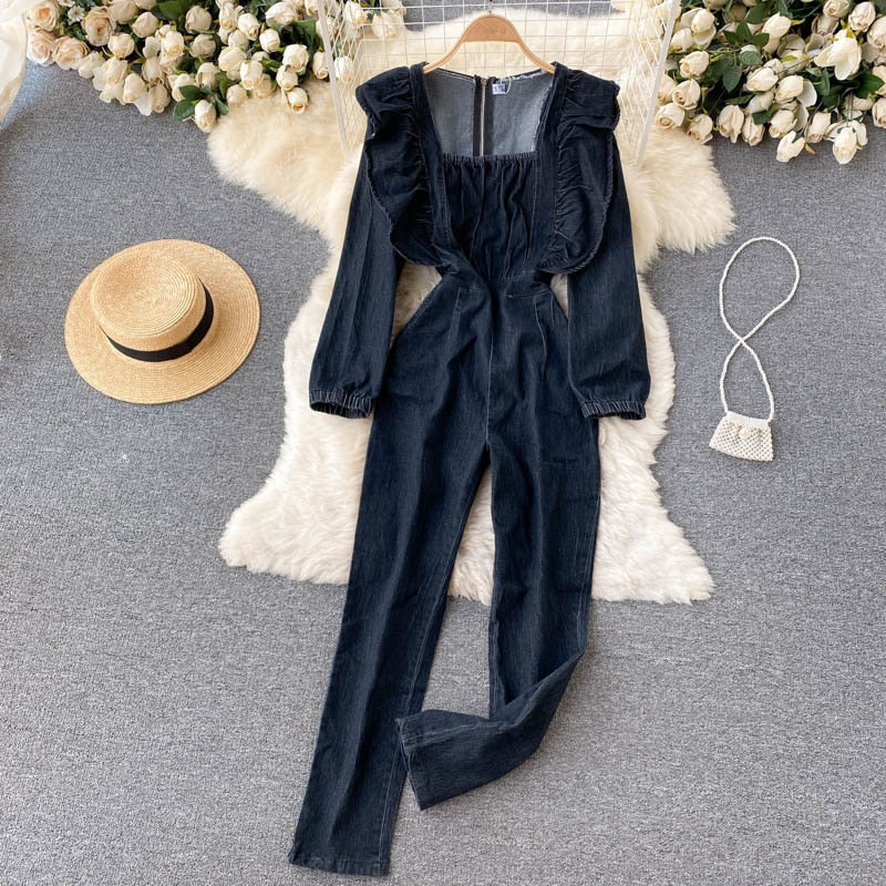 Vintage Square Collar Long Sleeve Ruffled Slim Denim Jumpsuit Denim Jumpsuit